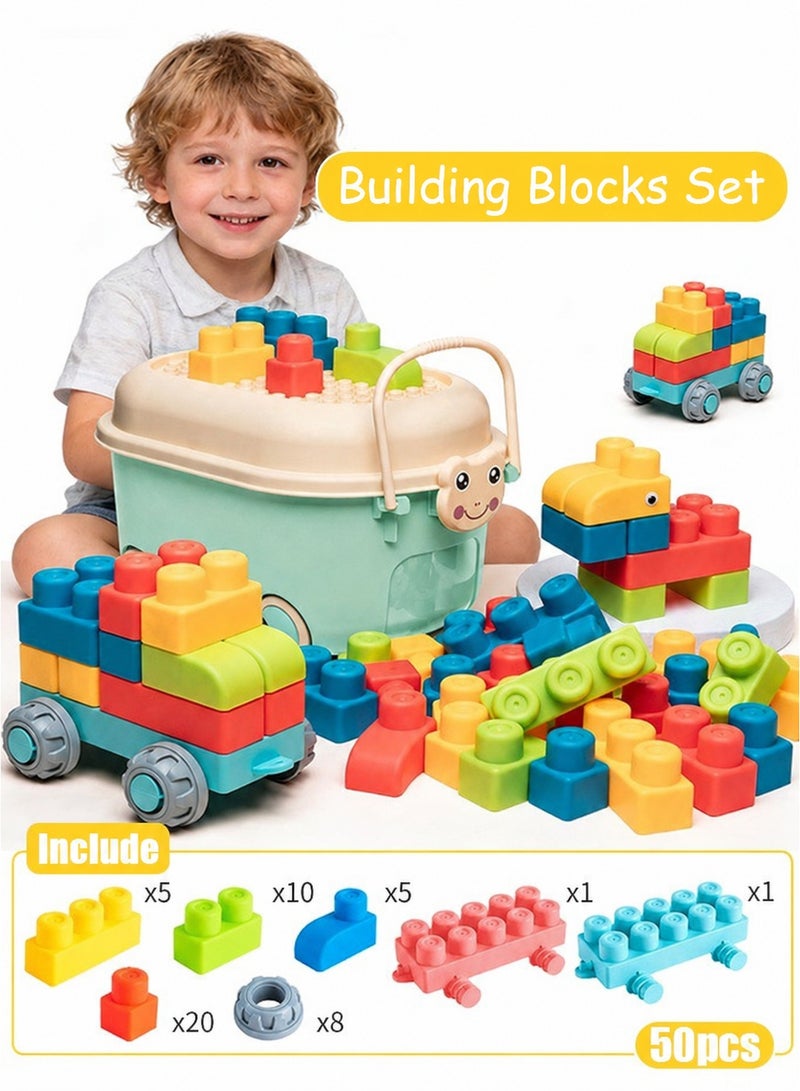 GOOGO Building Blocks Set for Kids,50 Pieces Food-Grade Soft TPE Material,Educational Toys for Boys and Girls,with Storage Box,Excellent Gift for Children - Image 1