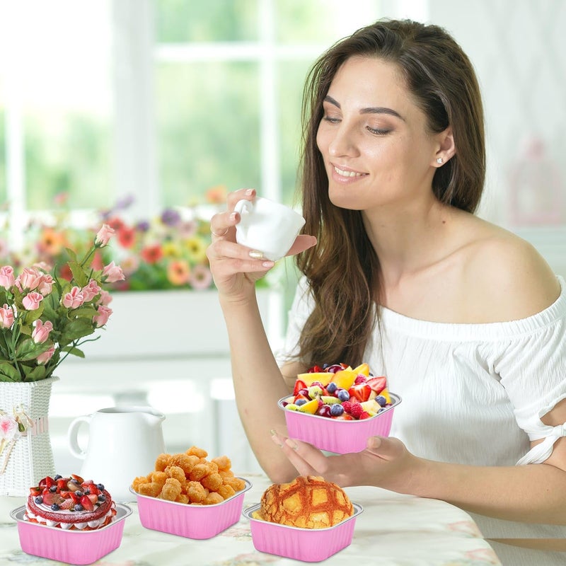 selizo 60 Pack 10oz Mini Disposable Cake Pans with Lids, Aluminum Foil Square Baking Cups, 4.4x4.4 Large Baking Cake Tins Cup Cake Containers with Lids for Thanksgiving Individual Cakes - Image 2