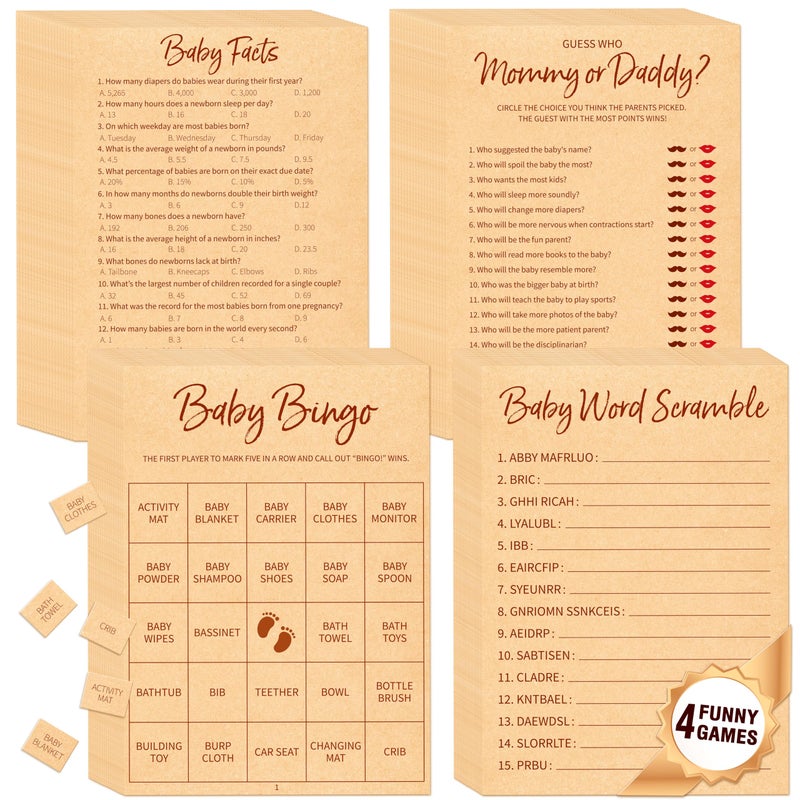 Gethelud Baby Shower Game Set, Gender Neutral Bingo Game/Guess Who Mommy or Daddy/Word Scramble/Baby Trivia Fact Cards for Guest, Bridal Wedding Shower - Image 1