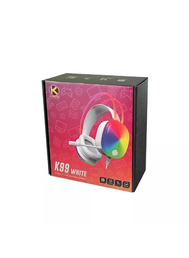 k Gaming KGaming K99 Virtual 7.1 USB Gaming Headset with RGB Lighting and Noise Cancelling Microphone - White - Image 5