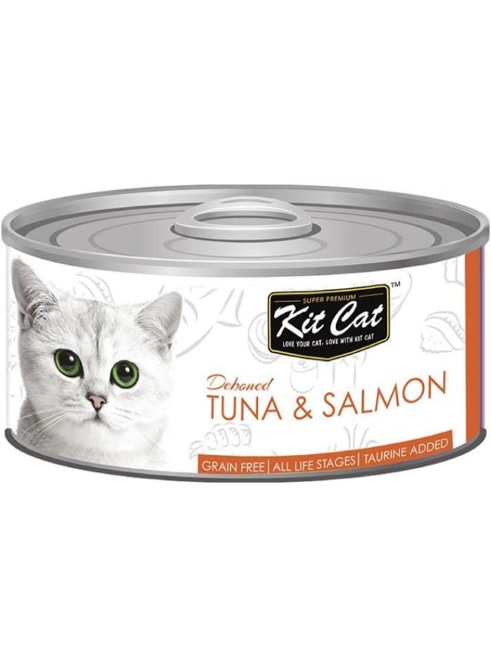 كيت كات طعام القطط منزوع العظم من التونة والسلمون الممتاز، 80 جم - طعام رطب خالٍ من الحبوب مع التورين، وجبة تكميلية لجميع مراحل الحياة