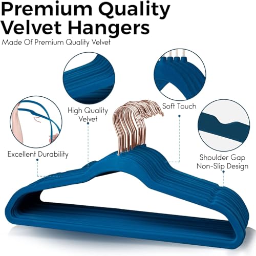 Revwd Velvet Clothes Hangers - Non-Slip Suit & Coat Hangers with 360° Swivel Hook | Heavy-Duty Slim Blue Hangers for Pants, Dresses & Shirts (Blue, Pack of 20) - Image 3