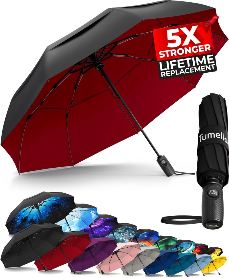 TUMELLA Strongest Windproof Travel Umbrella (Compact, Superior & Beautiful), Small, Wind-Tested, Light & Portable, Automatic Folding Rain Umbrella, Durable Premium Grip, Fits Car and Backpack - Image 1