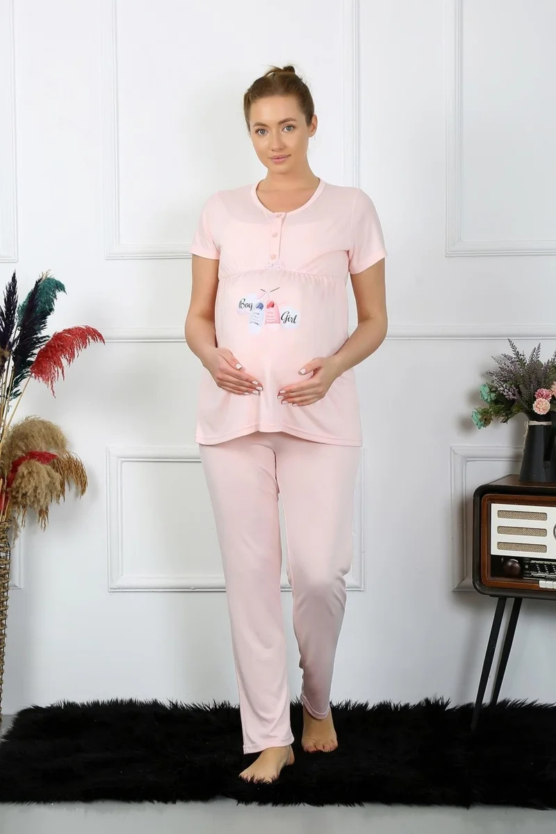 Akbeniz Women's Short Sleeve Maternity Pajama Set Powder 45210