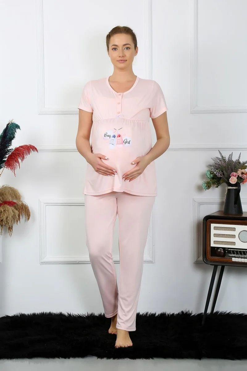 Akbeniz Women's Short Sleeve Maternity Pajama Set Powder 45210