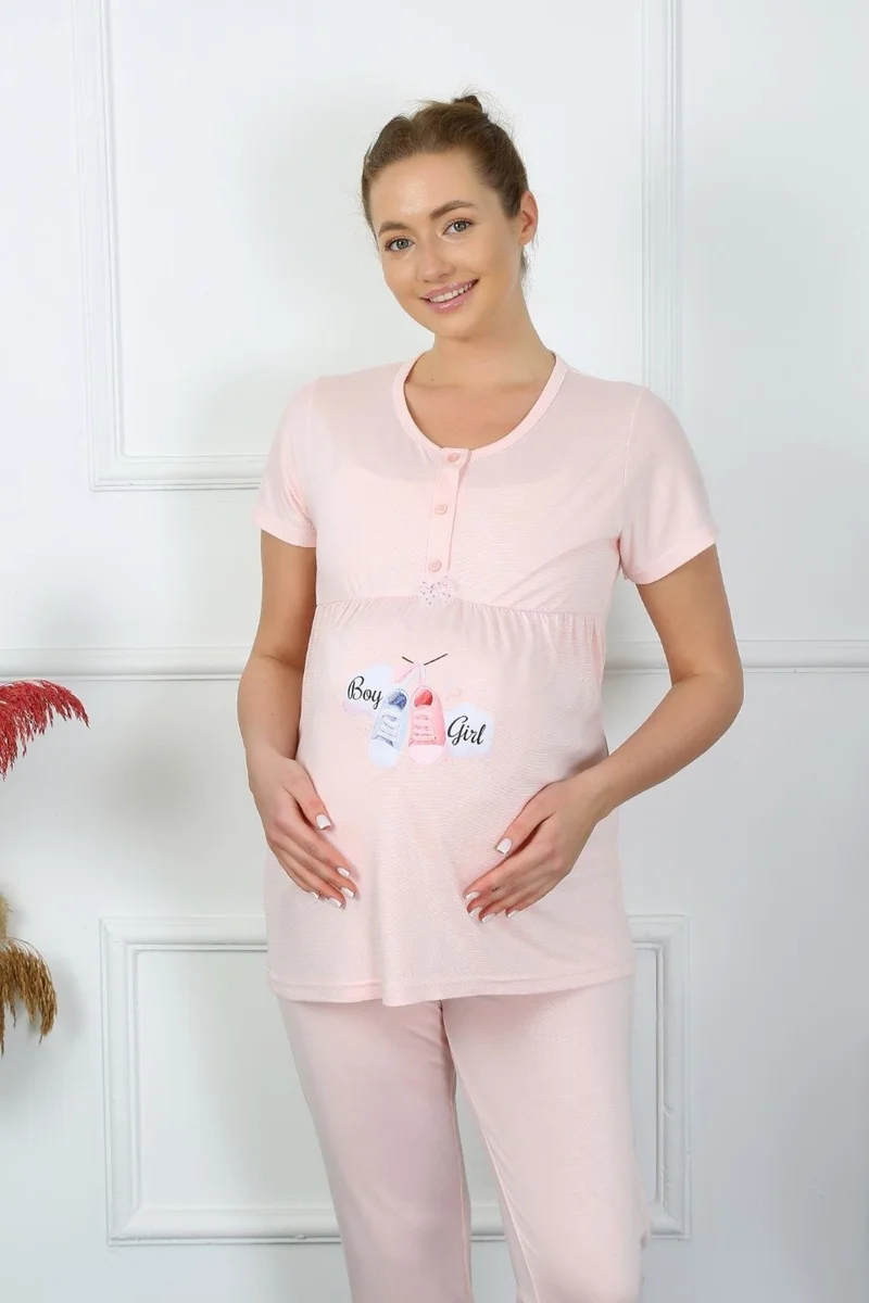 Akbeniz Women's Short Sleeve Maternity Pajama Set Powder 45210