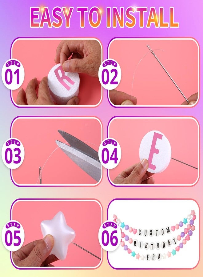 STARBOLO 84 Pcs DIY Giant Friendship Bracelet Birthday Banner in My Birthday Era Banner Famous Singer Customizable Banner Garland Decor Foam Circles Ball Plastic Balls DIY Supplies (Pink Purple Blue Color) - Image 4