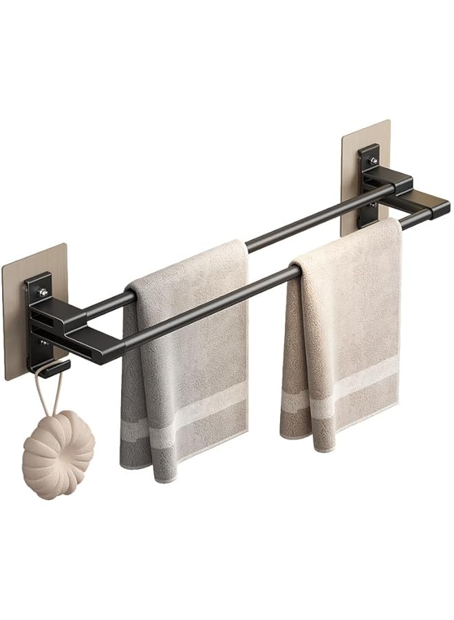 S-TOP Towel Holder, Wall Mounted Self-Adhesive Towel Bar with Anti Rust Aluminium Hanger, 2 Tier Double Rod Towel Shelf with 2 Hooks, No Drilling Towel Storage 40CM for Bathroom Kitchen Shower, black - Image 1