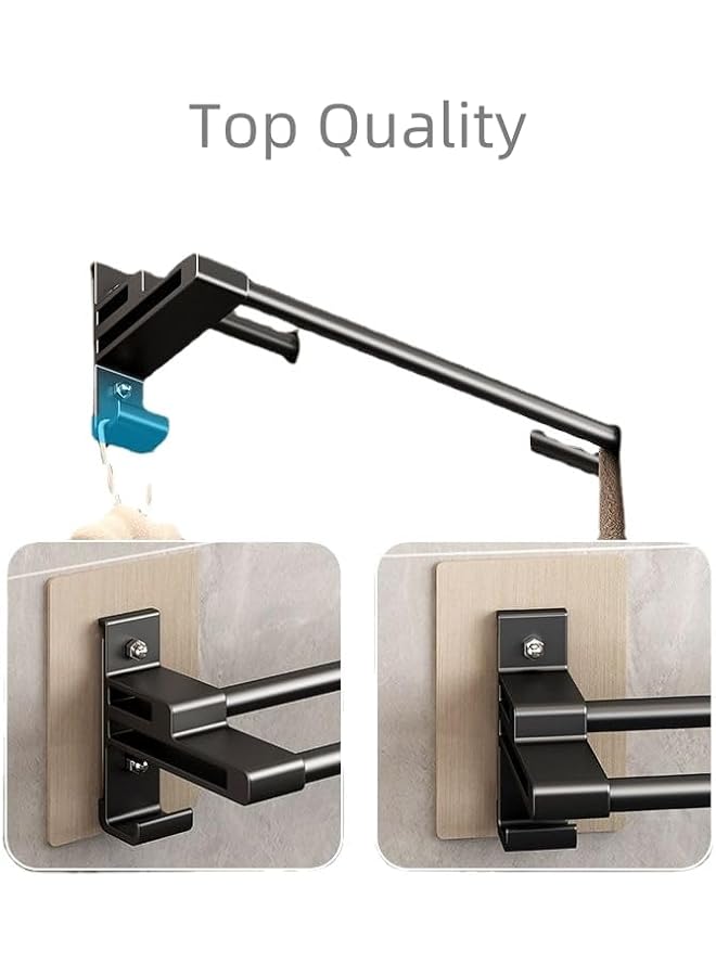 S-TOP Towel Holder, Wall Mounted Self-Adhesive Towel Bar with Anti Rust Aluminium Hanger, 2 Tier Double Rod Towel Shelf with 2 Hooks, No Drilling Towel Storage 40CM for Bathroom Kitchen Shower, black - Image 4