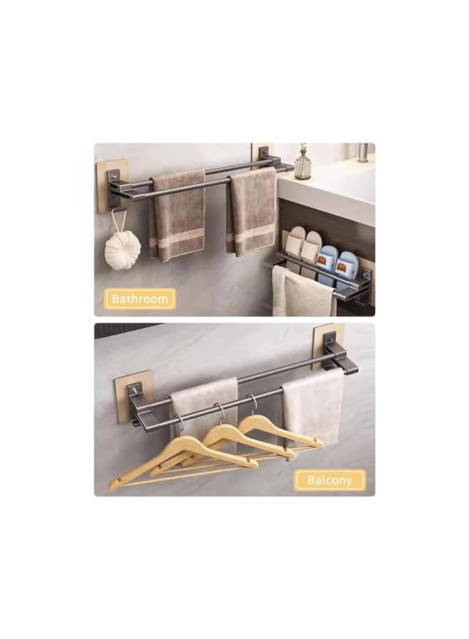 S-TOP Towel Holder, Wall Mounted Self-Adhesive Towel Bar with Anti Rust Aluminium Hanger, 2 Tier Double Rod Towel Shelf with 2 Hooks, No Drilling Towel Storage 40CM for Bathroom Kitchen Shower, black - Image 3