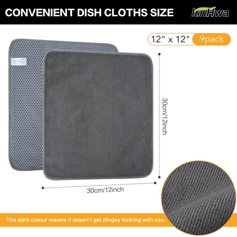 KinHwa Kitchen Washcloths for Dishes Absorbent Microfiber Dish Cloths Quick Dry Dish Rags with Poly Scour Scrub Side Ideal for Kitchen Cleaning and Housekeeping  (Gray  12inchx12inch 9 Pack) - Image 3