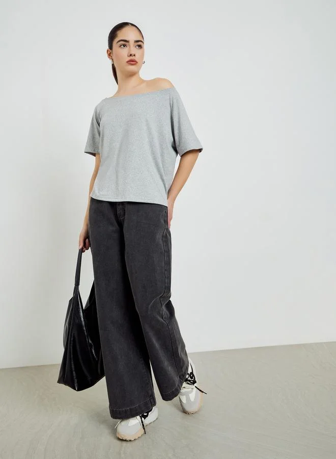 Styli Grey Off Shoulder Oversized T-Shirt