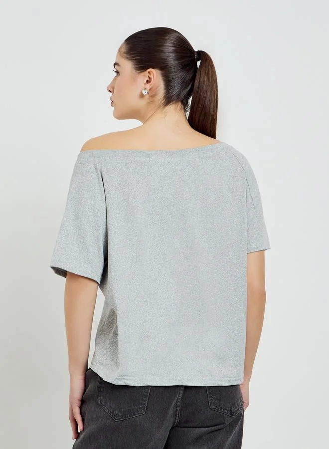 Styli Grey Grey Off Shoulder Oversized T-Shirt for Women | Best Price UAE