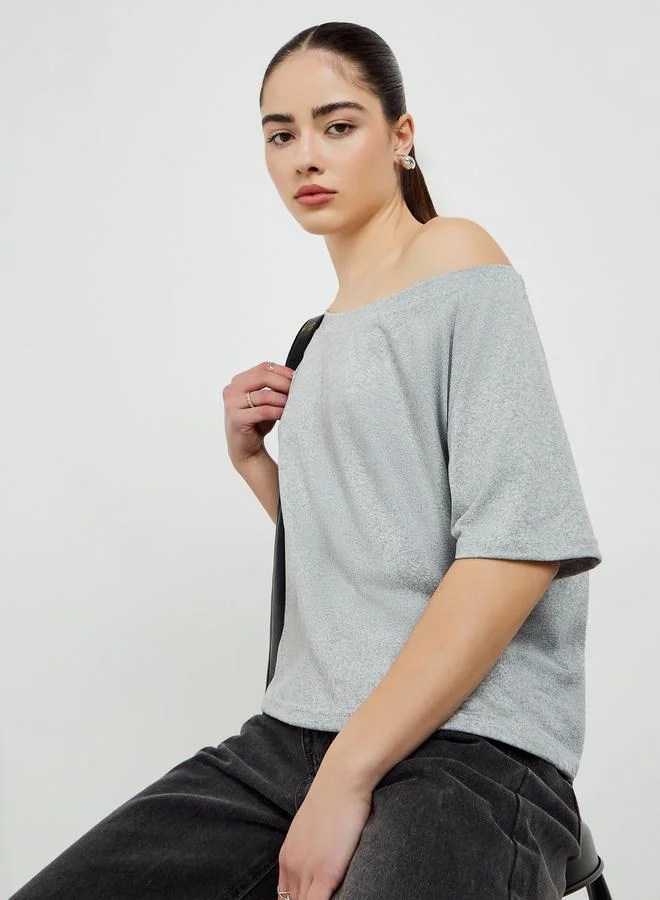 Styli Grey Grey Off Shoulder Oversized T-Shirt for Women | Best Price UAE