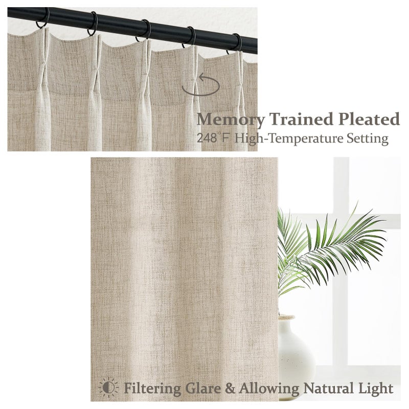 PleatedDrapes 96 Inch Curtains 2 Panel Set, Modern Linen Pleat Back Tab Dining Room Window Curtains Light Filtering Aesthetic Semi Sheer Living Room Drapes with Hooks Ring Cream Oatmeal W40 x L96 - Image 3