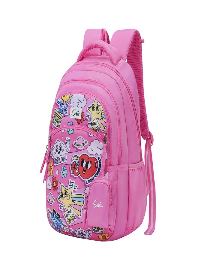 Genie Pearl School Backpack for Girls |17 In-27 Ltr with Three Compartments, Side Pockets and Light Weight with Padded Shoulders |Best for Books,Stationery, Lunch Box & Essentials - Pink - Image 2