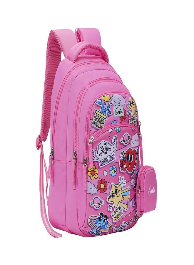 Genie Pearl School Backpack for Girls |17 In-27 Ltr with Three Compartments, Side Pockets and Light Weight with Padded Shoulders |Best for Books,Stationery, Lunch Box & Essentials - Pink - Image 3