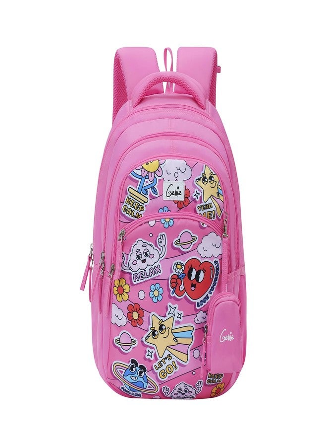 Genie Pearl School Backpack for Girls |17 In-27 Ltr with Three Compartments, Side Pockets and Light Weight with Padded Shoulders |Best for Books,Stationery, Lunch Box & Essentials - Pink - Image 1