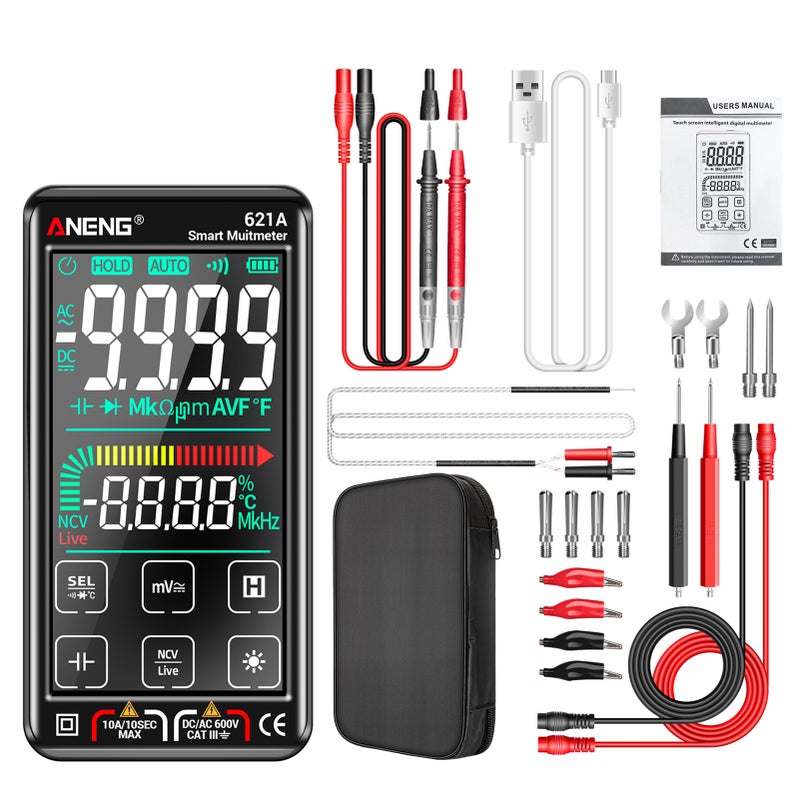 مقياس رقمي ذكي بشاشة لمس ANENG 621A - 9999 عدًا، نطاق تلقائي، قابل لإعادة الشحن، محمول، مقياس عالمي NCV، مقياس جهد، مقياس تيار - Image 1