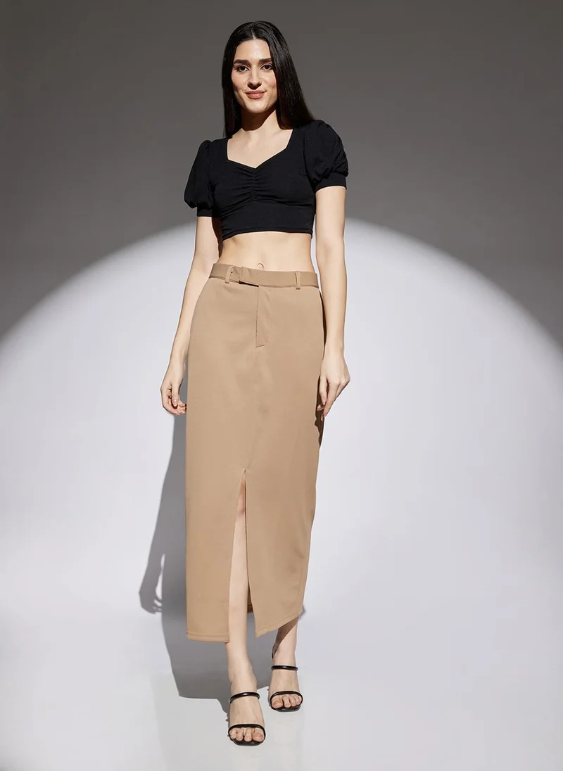 globus Globus Women Coffee Self Design Mid Rise Front Slit Side Pockets Belt Loops Pencil Midi Skirt
