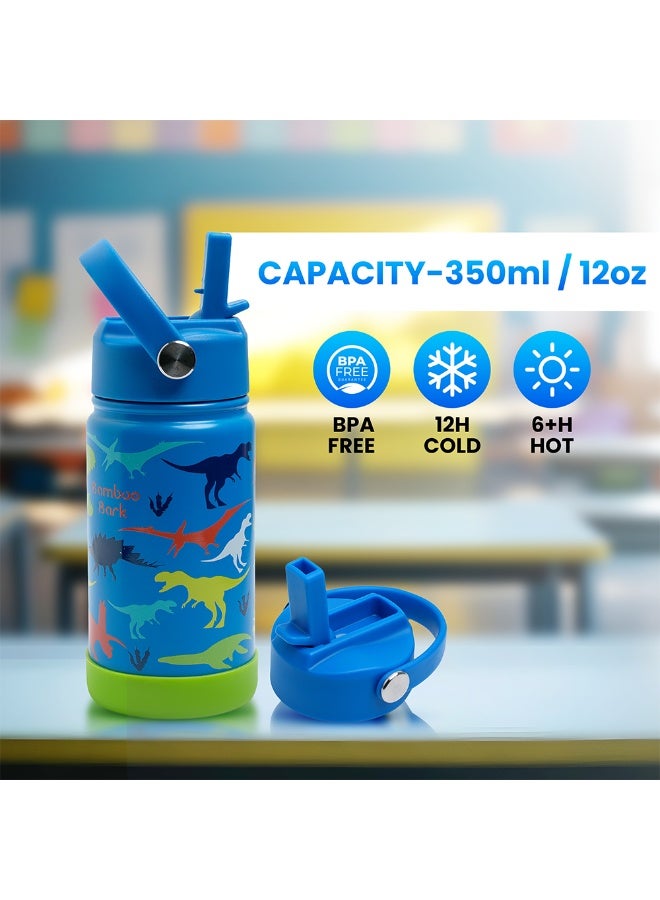 Bamboo Bark Dinosaur Insulated Water Bottle with Straw & Handle – Stainless Steel Double Wall Thermos Flask for Hot & Cold Water, Leak-Proof & Reusable Kids Water Bottle - Image 2
