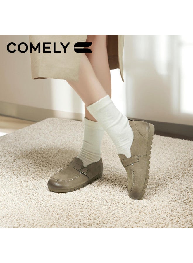 Comely Women's 25-year Spring Flat Suede Loafers Round Toe Slip-on Buckle Shoes Khaki Color Size 38 - Image 5