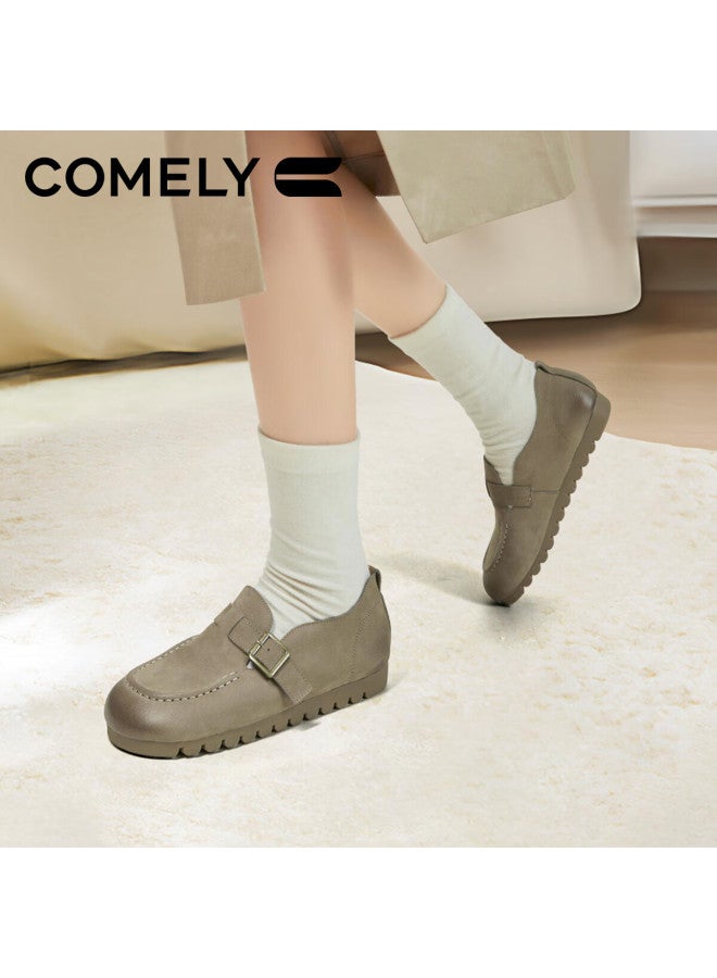 Comely Women's 25-year Spring Flat Suede Loafers Round Toe Slip-on Buckle Shoes Khaki Color Size 38 - Image 2