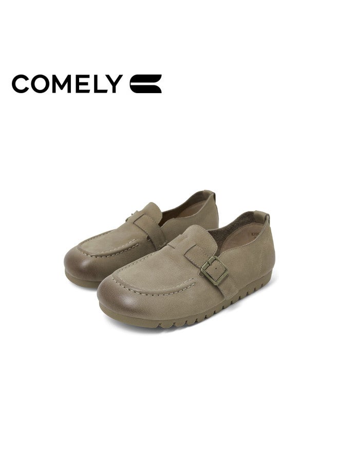 Comely Women's 25-year Spring Flat Suede Loafers Round Toe Slip-on Buckle Shoes Khaki Color Size 38 - Image 1