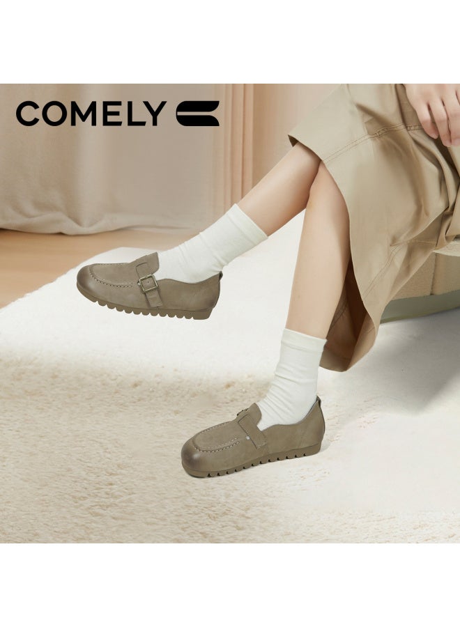 Comely Women's 25-year Spring Flat Suede Loafers Round Toe Slip-on Buckle Shoes Khaki Color Size 38 - Image 3