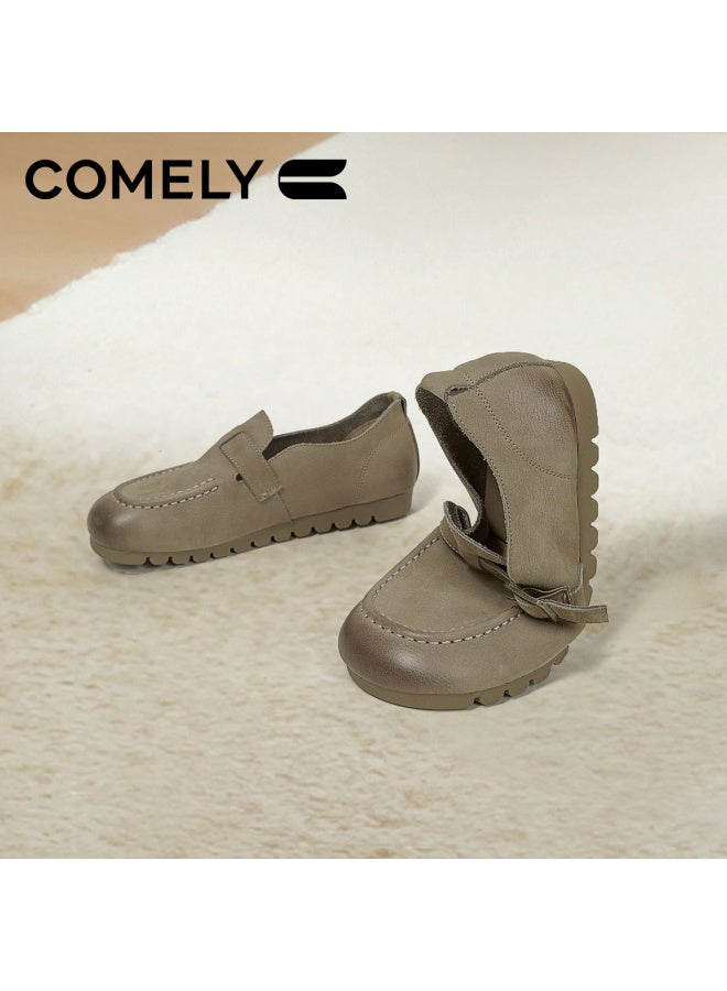 Comely Women's 25-year Spring Flat Suede Loafers Round Toe Slip-on Buckle Shoes Khaki Color Size 38 - Image 4