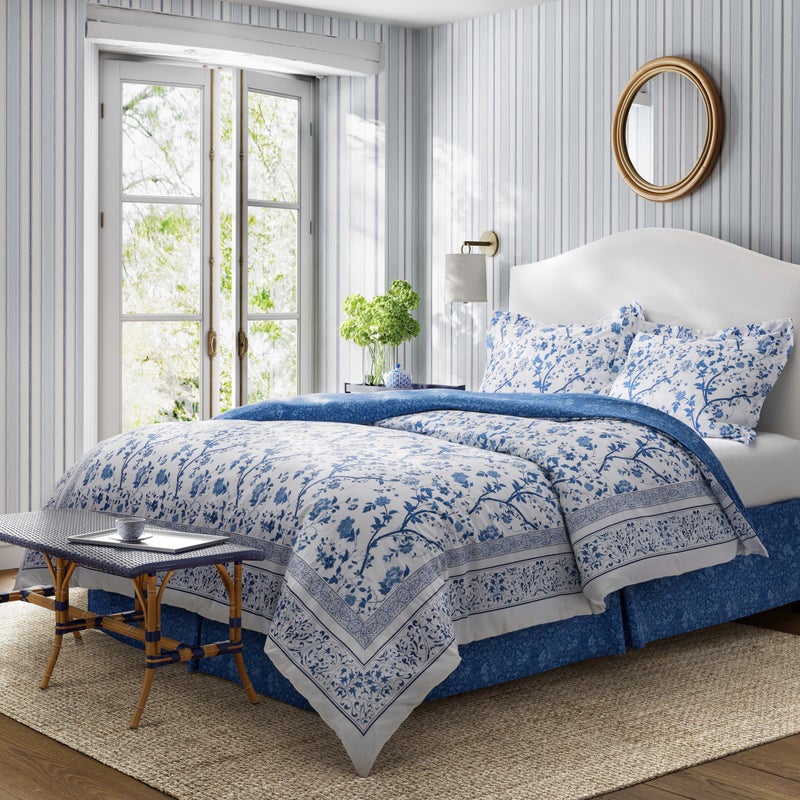 LAURA ASHLEY Laura Ashley  Full Comforter Set Cotton Bedding with Matching Shams  Bed Skirt Stylish Home Decor Charlotte Blue Full 