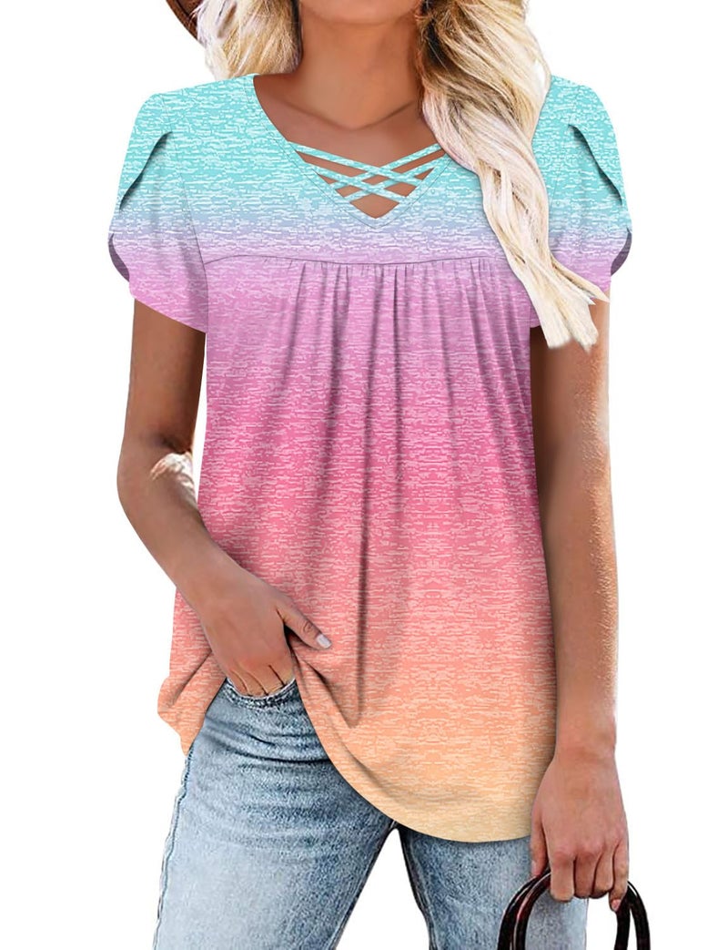 onlypuff Tops for Women Ladies Blouses V Neck Summer Shirts Short Sleeve Tunic Tops Tops Flowy Boho Top Hide Belly GradualPink S - Image 1