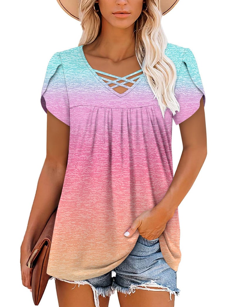 onlypuff Tops for Women Ladies Blouses V Neck Summer Shirts Short Sleeve Tunic Tops Tops Flowy Boho Top Hide Belly GradualPink S - Image 2