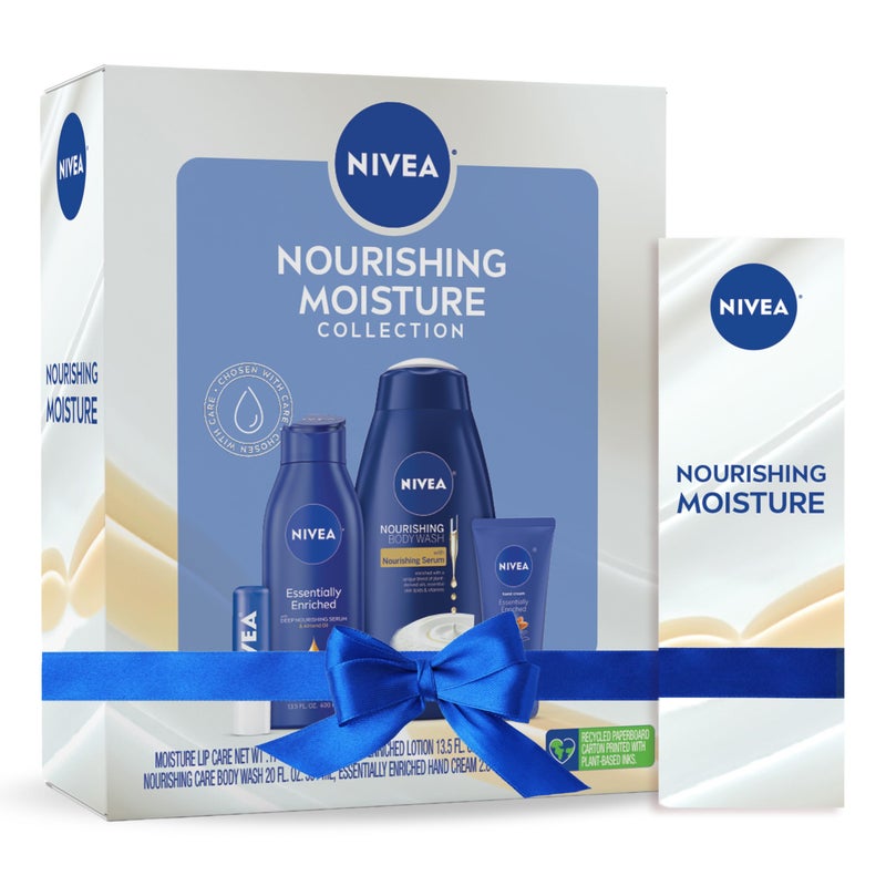 Nivea مجموعة العناية بالبشرة من نيفيا للترطيب المغذي، غسول الجسم المغذي، 20 أونصة سائلة + لوشن الجسم، 13.5 أونصة سائلة + كريم اليدين، 2.6 أونصة + بلسم العناية بالشفاه المرطب، 0.17 أونصة، هدايا العيد للنساء - Image 1