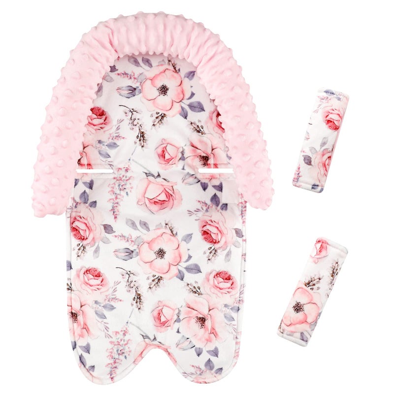 Baby Head Support and Strap Cover for Car Seat Mink Infant Carseat Headrest for Girls Newborn Car Seat Insert Cushion for Strollers Pink Floral