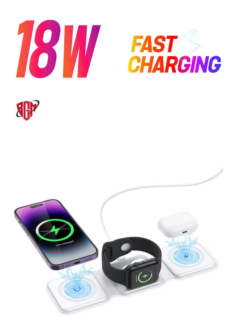BGM - 3 in 1 Wireless Charger, Foldable Magnetic Charger Station, 18W Fast Wireless Charging Pad, Compatible with iPhone 14/13/12/11, Samsung Galaxy, AirPods, Google Pixel, Apple Watch - Image 1
