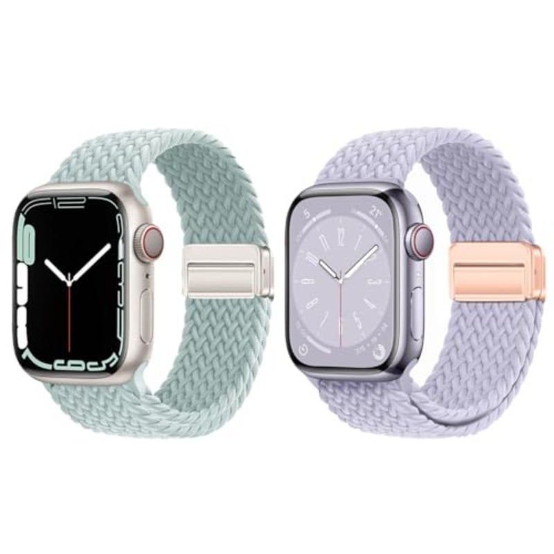 2 حزمة من الأربطة المغناطيسية المضفرة المتوافقة مع iWatch Ultra3/2/1 SE3/2/1، 44 مم 45 مم 46 مم 49 مم، حزام ساعة مرن قابل للتعديل وجيد التهوية - Image 1