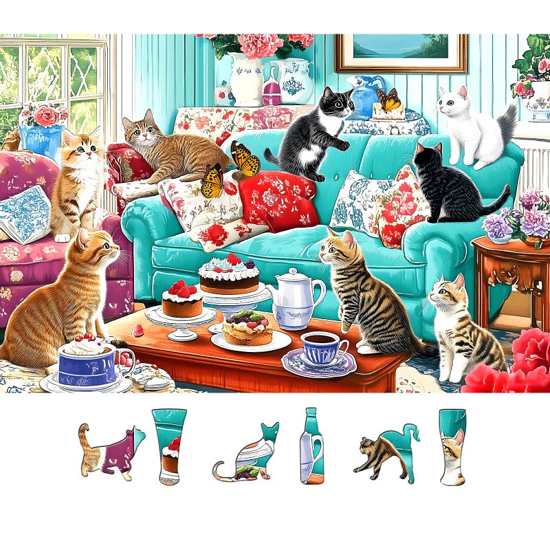 MINIWAN Spring Cats Tea Party 500 Piece Puzzle for Adults Fun Puzzles for Adults 500 Pieces with HD Print Poster 23 X 15 in Dust Free for Gifts Party Halloween Christmas Family Games - Image 3
