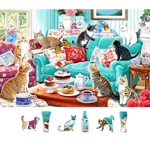 MINIWAN Spring Cats Tea Party 500 Piece Puzzle for Adults Fun Puzzles for Adults 500 Pieces with HD Print Poster 23 X 15 in Dust Free for Gifts Party Halloween Christmas Family Games - Image 1