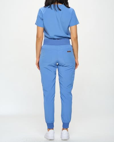 Monarch Uniforms Slim Fit Stretchy Scrubs Women's Jogger Scrub Set Slim Jogger Scrubs with Tuck-In Top for Women (CEIL BLUE-L) - Image 4