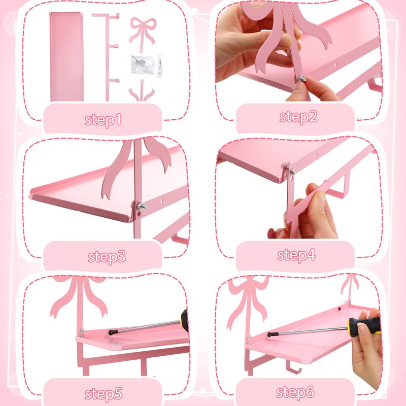 Otoolling Wall Hooks with Shelf Pink Bow Key Holder Metal Coat Clothes Rack Wall-Mounted Entryway Hanging Shelves with 5 Metal Hooks Cute Coquettish Room Wall Decor for Nursery Room Bedroom Kitchen - Image 3