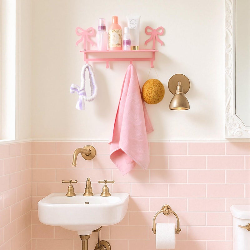 Otoolling Wall Hooks with Shelf Pink Bow Key Holder Metal Coat Clothes Rack Wall-Mounted Entryway Hanging Shelves with 5 Metal Hooks Cute Coquettish Room Wall Decor for Nursery Room Bedroom Kitchen - Image 5