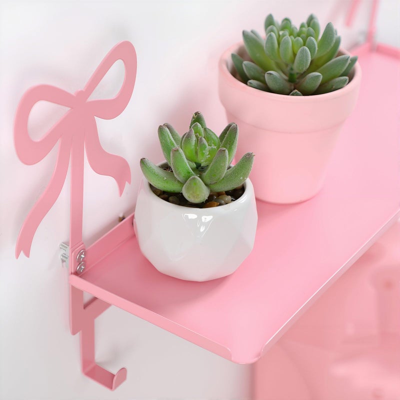 Otoolling Wall Hooks with Shelf Pink Bow Key Holder Metal Coat Clothes Rack Wall-Mounted Entryway Hanging Shelves with 5 Metal Hooks Cute Coquettish Room Wall Decor for Nursery Room Bedroom Kitchen - Image 4