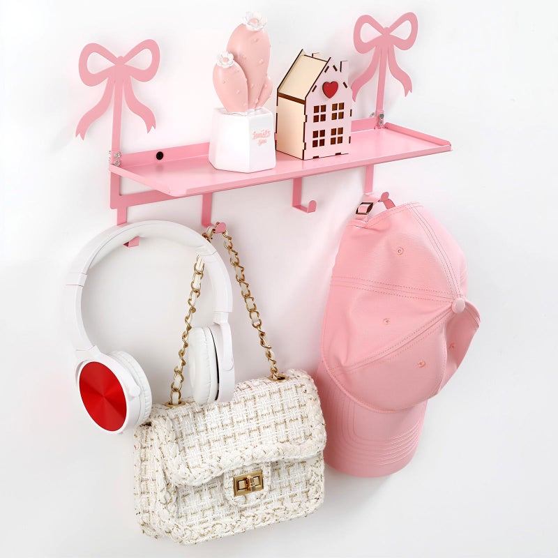 Otoolling Wall Hooks with Shelf Pink Bow Key Holder Metal Coat Clothes Rack Wall-Mounted Entryway Hanging Shelves with 5 Metal Hooks Cute Coquettish Room Wall Decor for Nursery Room Bedroom Kitchen - Image 1