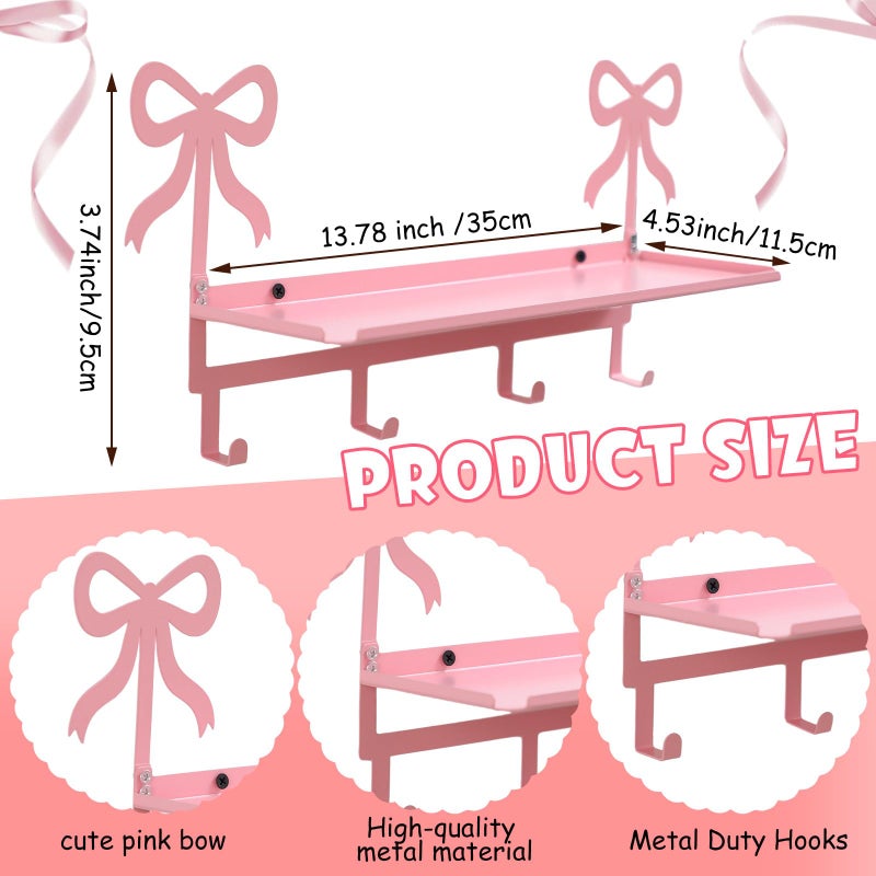 Otoolling Wall Hooks with Shelf Pink Bow Key Holder Metal Coat Clothes Rack Wall-Mounted Entryway Hanging Shelves with 5 Metal Hooks Cute Coquettish Room Wall Decor for Nursery Room Bedroom Kitchen - Image 2