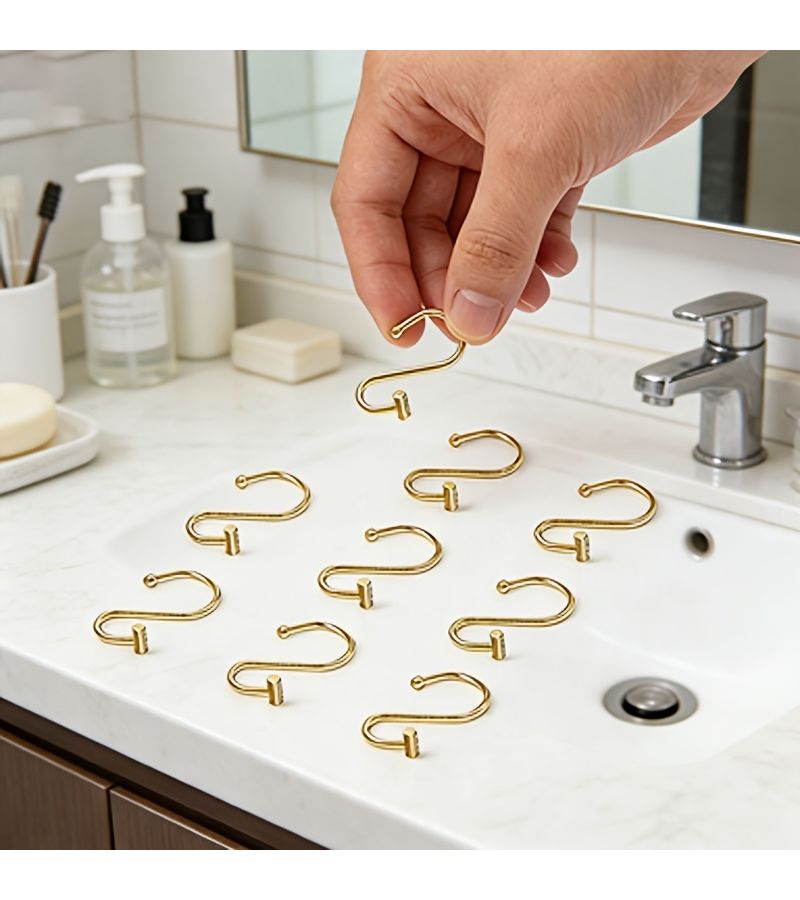 Set Of 10 T Shaped Golden Rust Resistant Shower Curtain Hooks For Bathroom - Image 4
