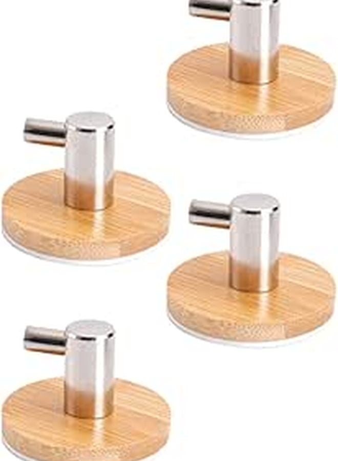 4 Pcs Wooden Multi Function Wall Hooks with Stainless Steel Adhesive Backing for Bathroom Kitchen Storage - Image 1