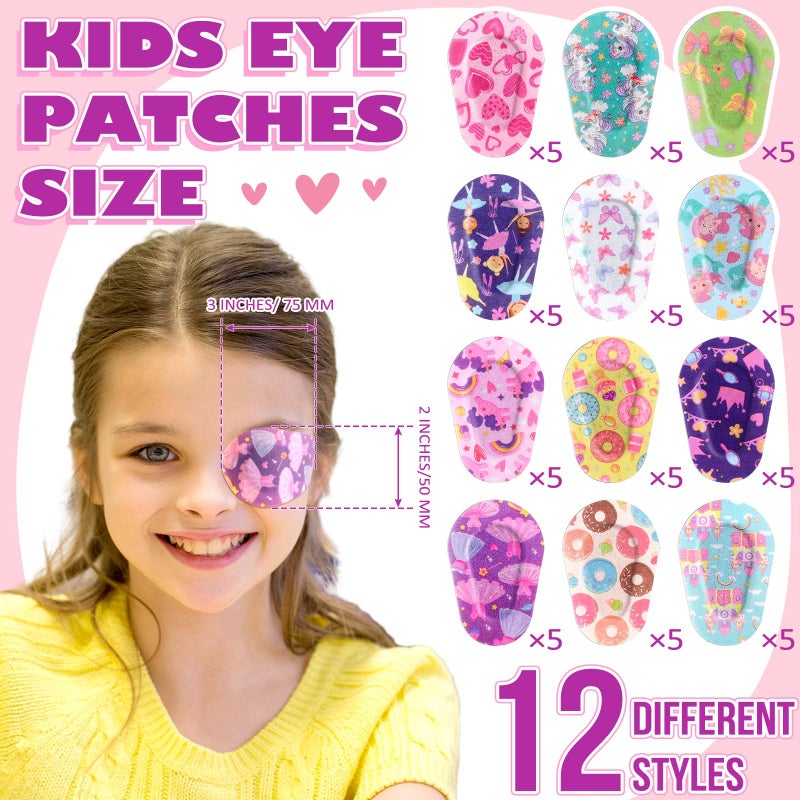 Panelee Panelee 60 Pcs Adhesive Eye Patches for Kids Girls Toddler Eye Patches Bulk Breathable Material, Light Blocking Cotton Colorful and Fun Designs Adhesive Bandages for Girls, 12 Styles  - Image 2