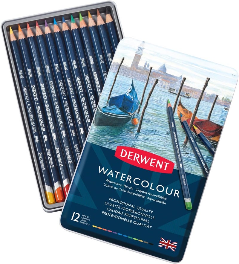 Derwent Watercolour Pencils Set - 12 Color Professional Quality in Metal Tin - Image 1