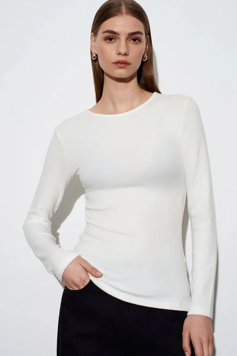 Dilvin White DILVIN Slim Fit Long Sleeve Jersey Blouse for Women | Best Price UAE